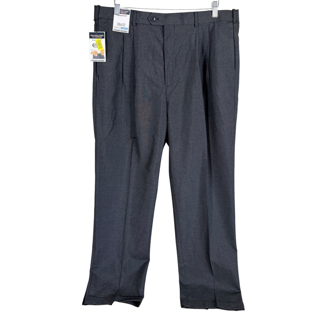Roundtree & Yorke TravelSmart Dress Pants Mens 38x32 Gray Pleated Expander Waist